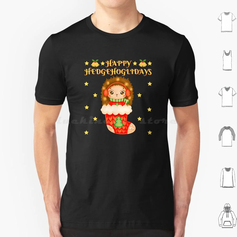 Happy Hedgehoglidays-Cute Hedgehog In A Christmas Stocking With Stars , Bells , Holly Berry , X-Mas Tree , And Cozy Earmuffs T