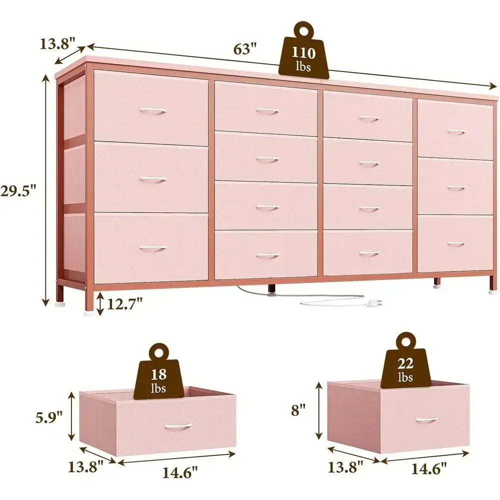 63 Wide Pink Fabric TV Stand for 14 Drawers, Power Outlets, and 65-75 Inch TVs, Ideal for Entertainment Centers and Living Space