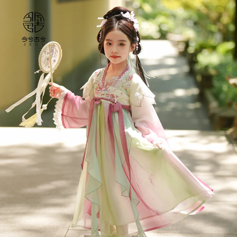 Детское платье Hanfu в китайском стиле на весну и осень 2024, платье принцессы в старинном стиле для девушек, супер сказочное осеннее