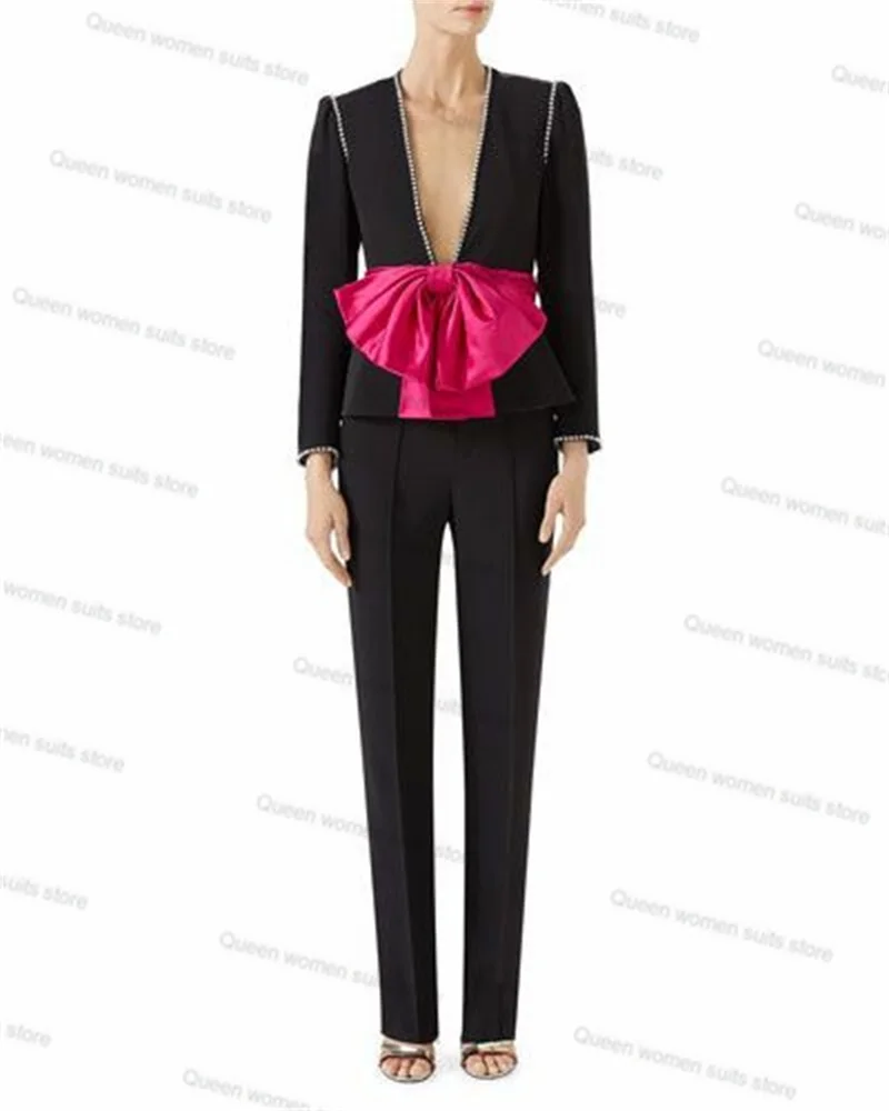 Black Crystals Wedding  Women Pants Suits Set 2 Pcs Blazer With Bow Costumes pour femmes Tailored Jacket Prom Dress Coat