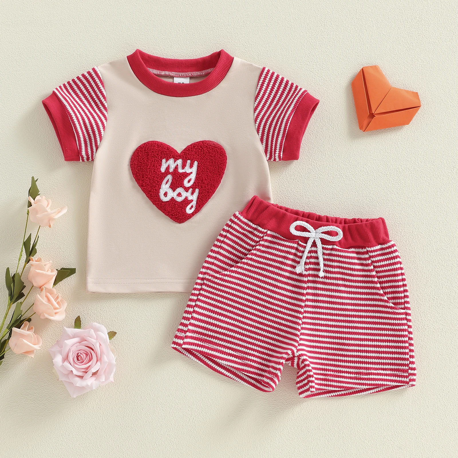 رائعتين طفل بنين عيد الحب الملابس القلب طباعة طاقم الرقبة المحملة مرونة الخصر السراويل 2 قطعة الزي مجموعة للأطفال #2