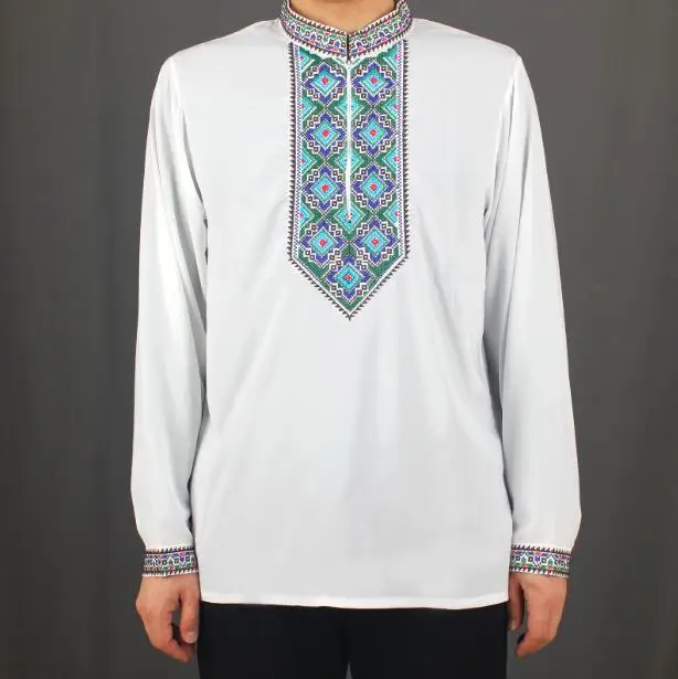 Chinese Xinjiang Uyghur Men T shirt Spring Tops Long sleeve Embroidery Ethnic Tradition