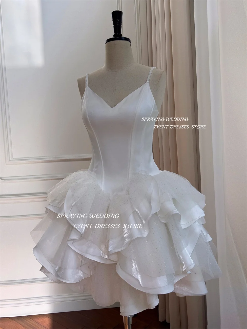 SPRAYING Short Prom Party Dresses Spaghetti Straps Princess Tulle Cupcake Wedding Dress Korea Shoot Evening Birthday Event Gowns