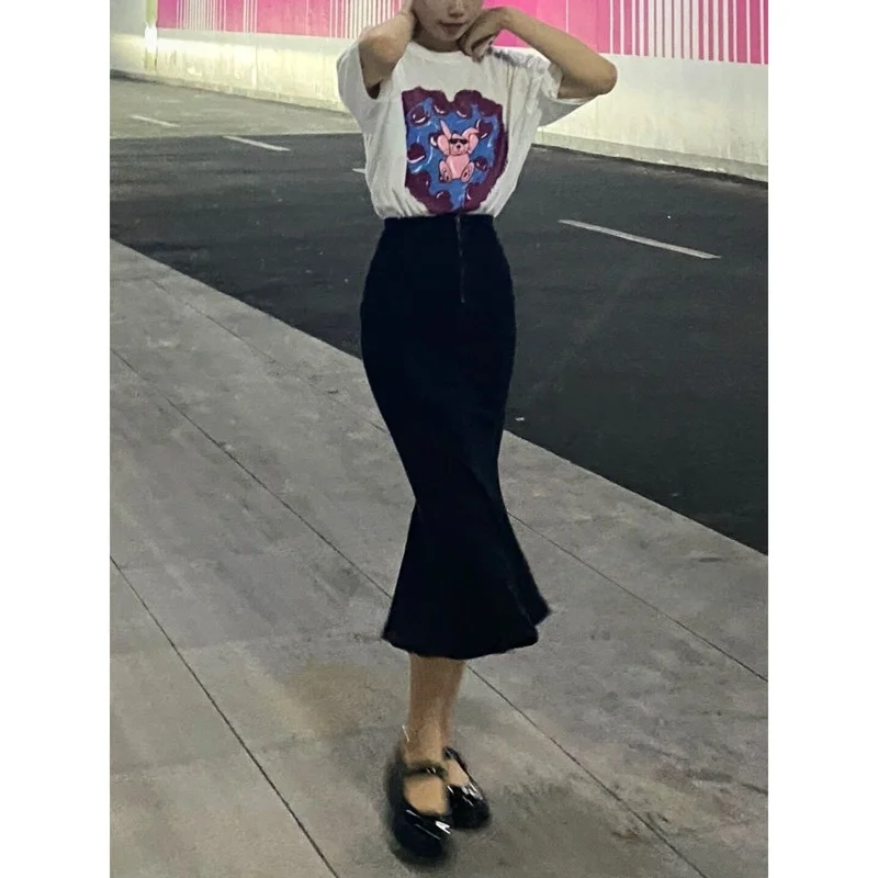 Gonna di jeans a coda fi asimmetrica a vita alta Bla Gonna da donna sexy dimagrante di piccole dimensioni con pieghe