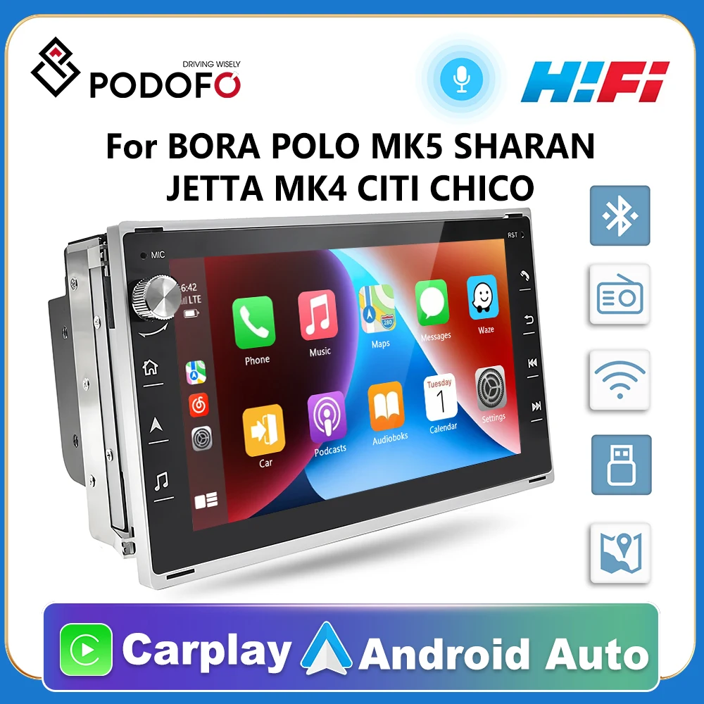 Podofo 2Din GPS Car Stereo Radio Car MP5 Player with Bluetooth GPS FM  Radio Receiver For BORA POLO MK5 SHARAN JETTA MK4 CITI