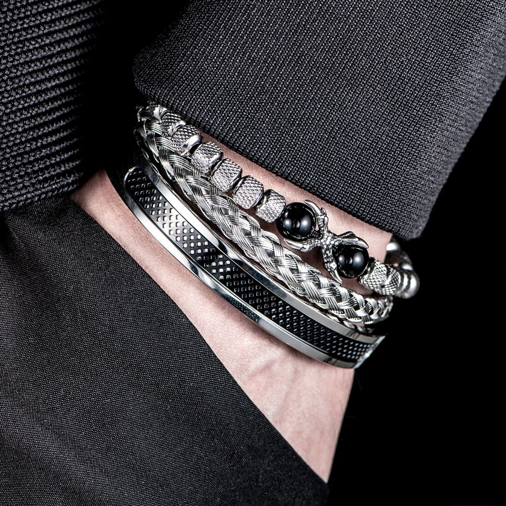 3pcs/set Luxury Set Men Bracelet Stainless Steel Handmade Rope Bangles Men Eagle Bracelets Tigereye Natural Stone Accessories