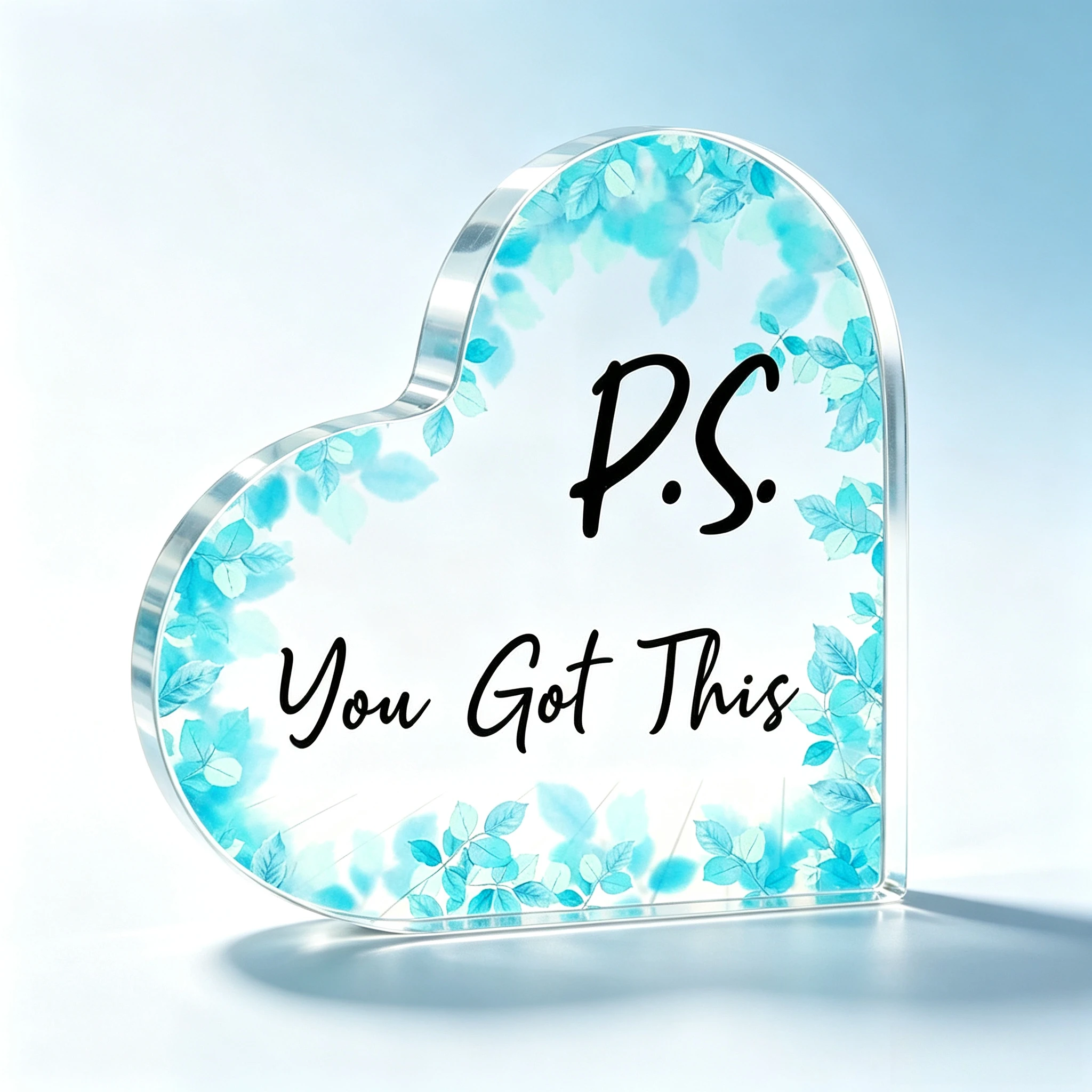 P.S. You Got This Heart‑Shaped Acrylic Tabletop Plaque, Watercolor Turquoise Blue Leaf Inspirational Encouragement Desk Keepsake Gift