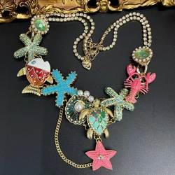 Vintage Sea Ocean Colorful Enamel Starfish Shell Lobster turtle Pearl Necklace Mermaid Bracelet Earrings Jewelry Set For Women