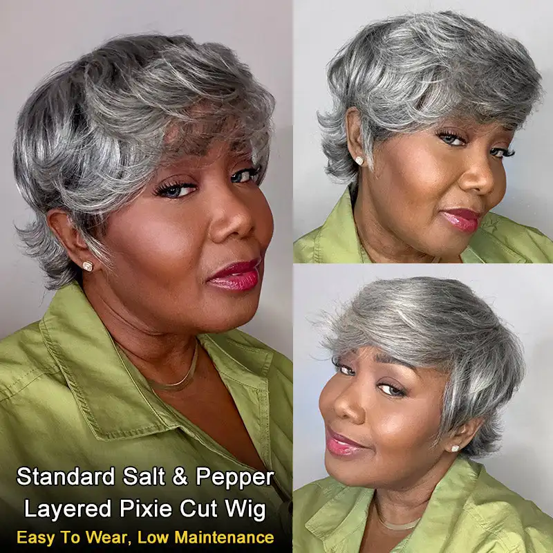 

Soul lady Brazilian Short Bob Salt And Pepper Wigs Pixie Cut Glueless Closure Gray Wig With Retro Flip Ends Human Hair Wigs