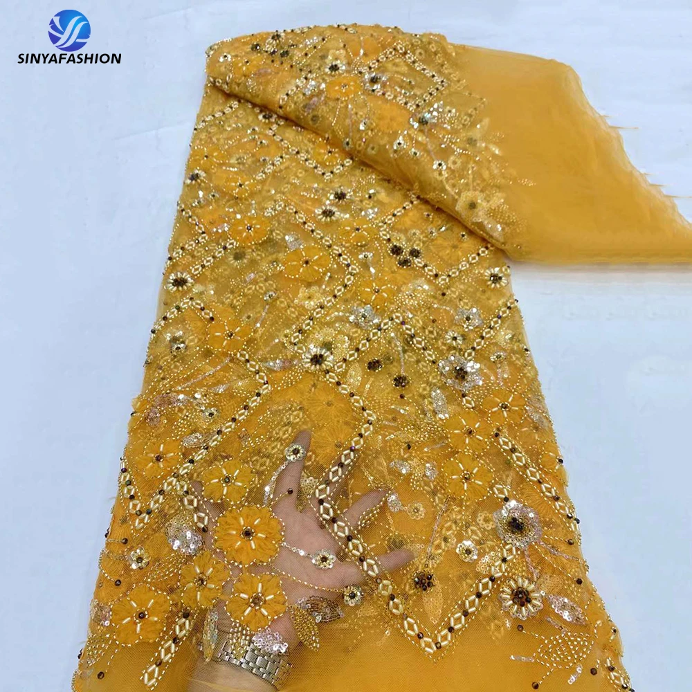 

Sinya Latest Gold Beaded Lace Fabric Luxury Embroidery Diamond Beads Sequins French Tulle Lace High Quality For Wedding Dress