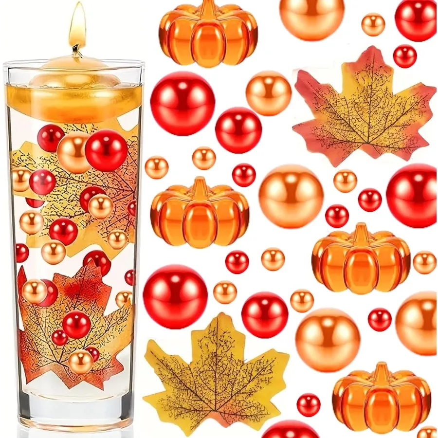 

190PCS Thanksgiving Vases Fillers Orange Red Beads Faux Pumpkin Maple Leaf Table Party Festive Decoration Pumpkin Maple Leaf Se