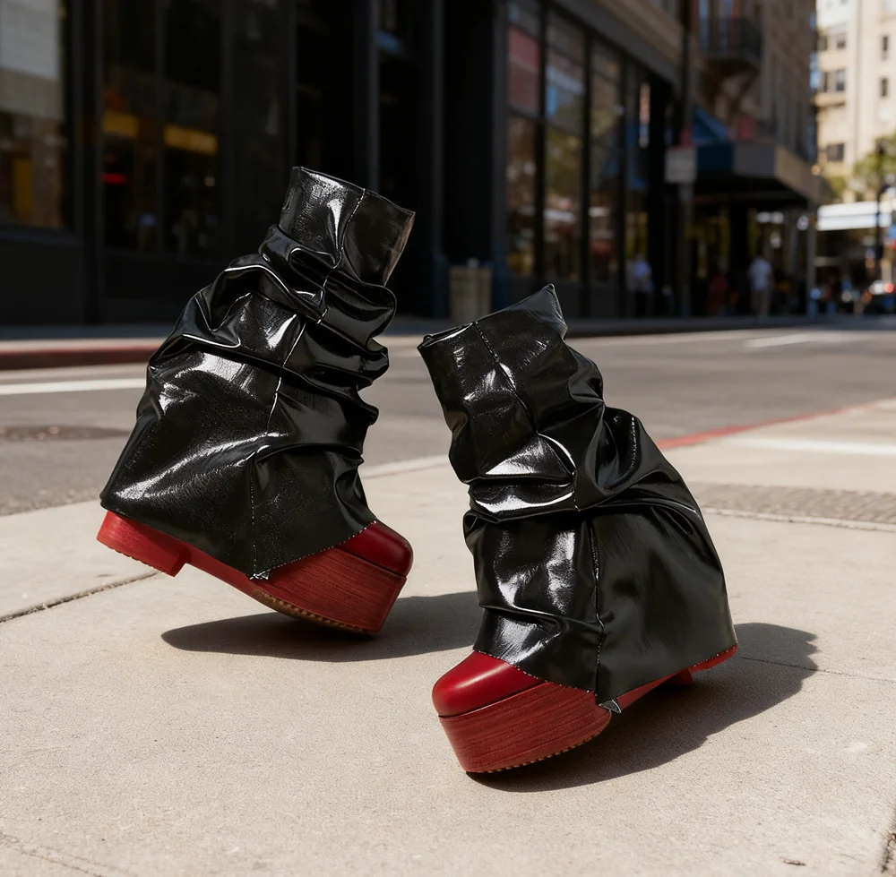 Avant-Garde Style Black Ruched Patent Leather Platform Boots Red Toe Oversized Slouchy Design Casual Chunky Heels Ankle Boots