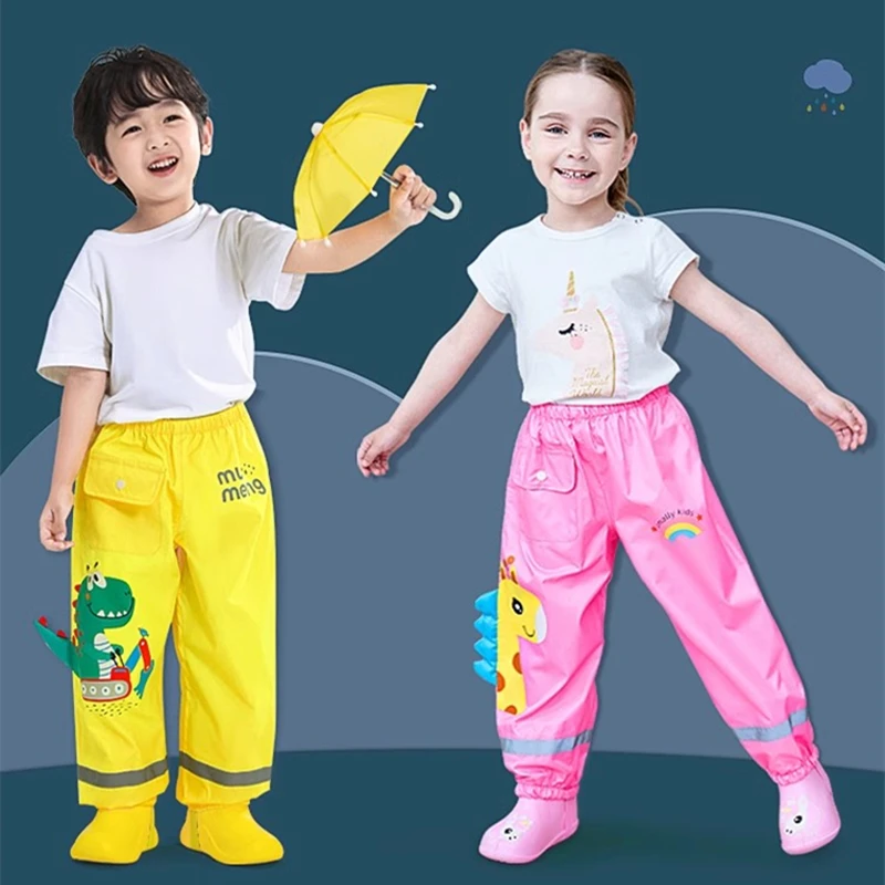 Waterproof Girls Boys Pants Toddler Kids Rain Pants Windproof Mud Trousers Kids Cartoon Dinosaur Unicorn Children Rain Pants