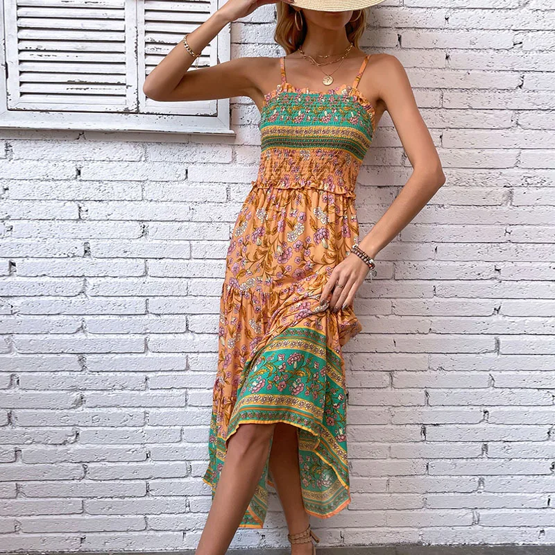 Canwedance Straps Boho Dress Backless Floral Printing Viscose Beach Dress A-line Ruffled Long Sundress Summer Vacation Dresses