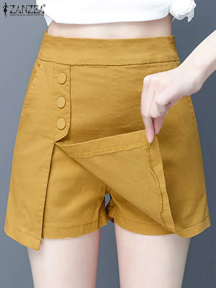 

2024 ZANZEA Summer Women Casual Shorts Fashion Culottes Elastic High Waist Pantskirt Pockets Solid Color Culotte Pant Streetwear