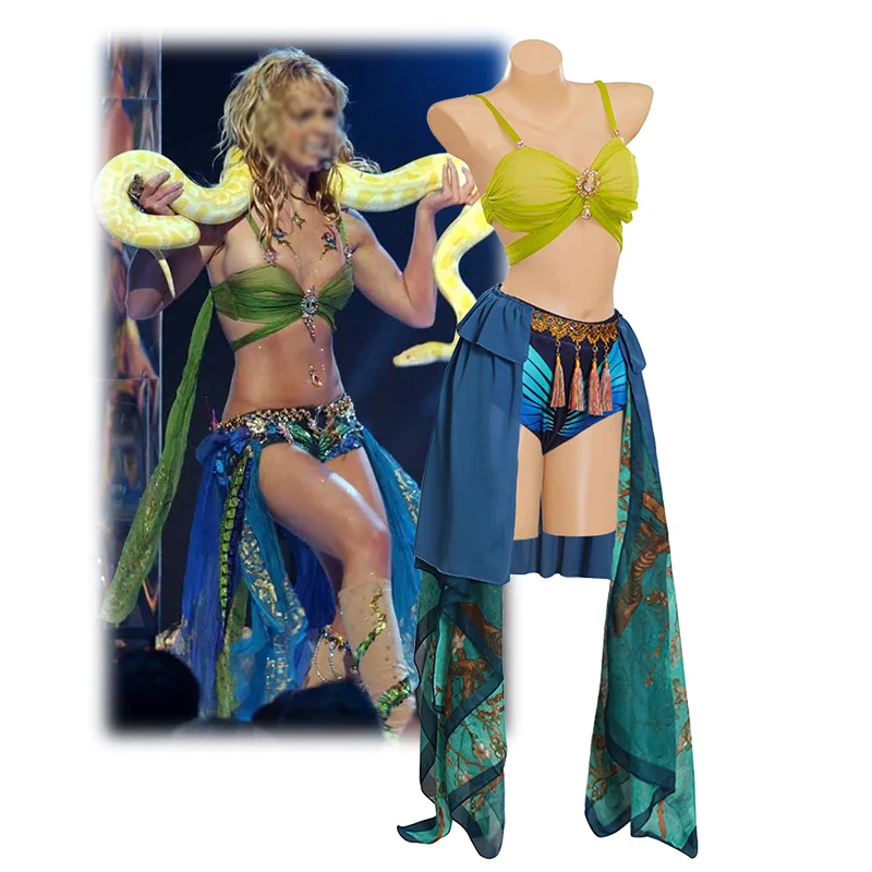 Britney Slave Kostüm Blaues Bühnen-Performancekleid Tanz mit Schlangen-BH Shorts Röcke Anzug Damen Halloween Karneval Party Outfit