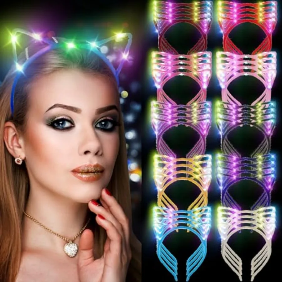 40 Pack LED Light up Cat Ears Headbands, Glowing Cat Ear Headband Glow in the Dark Party Supplies, Flashing Hair Accessories fo