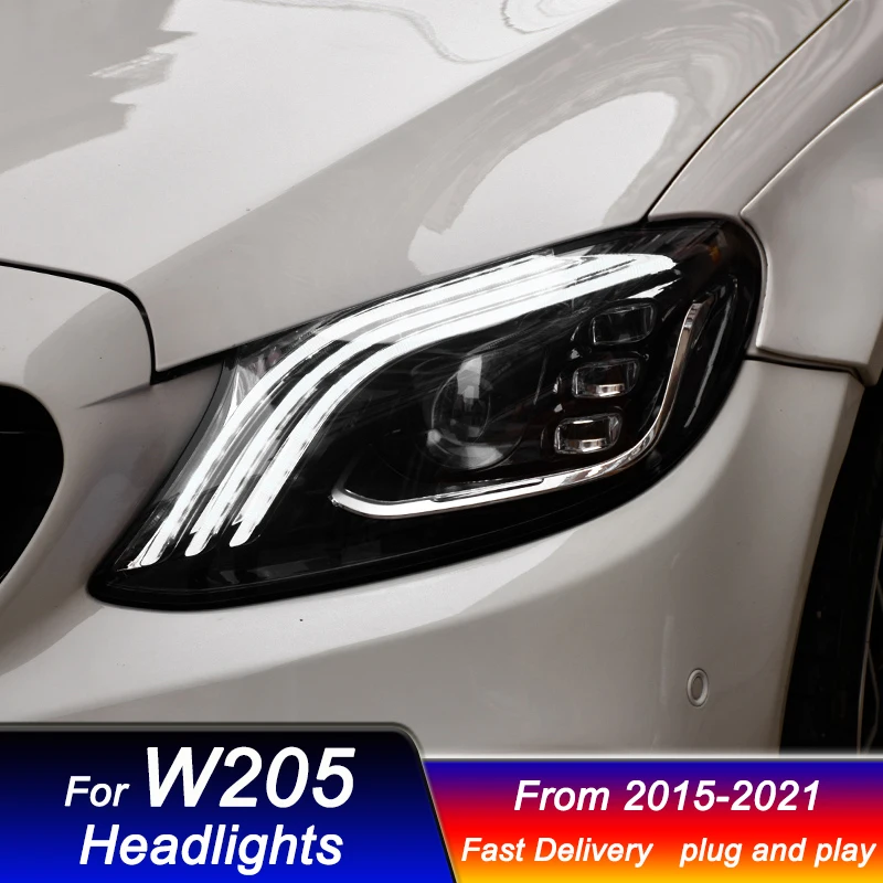 

Светодиодные фары для Mercedes-Benz C-Class W205 15-21, новый стиль, полный комплект LED DRL, динамические указатели поворота, передние фары в сборе.