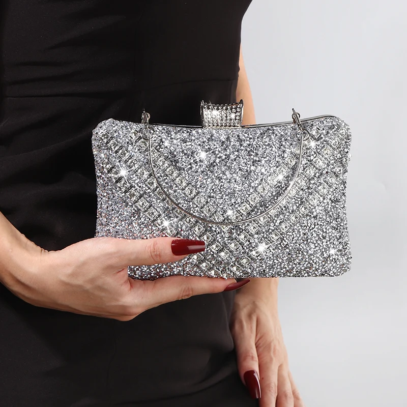 

Luxury Bling Sequin Full Diamond Clutch Bag Sparkling Rhinestone Evening Bag Chain Banquet Wedding Dress Bridal Dinner Bag Women