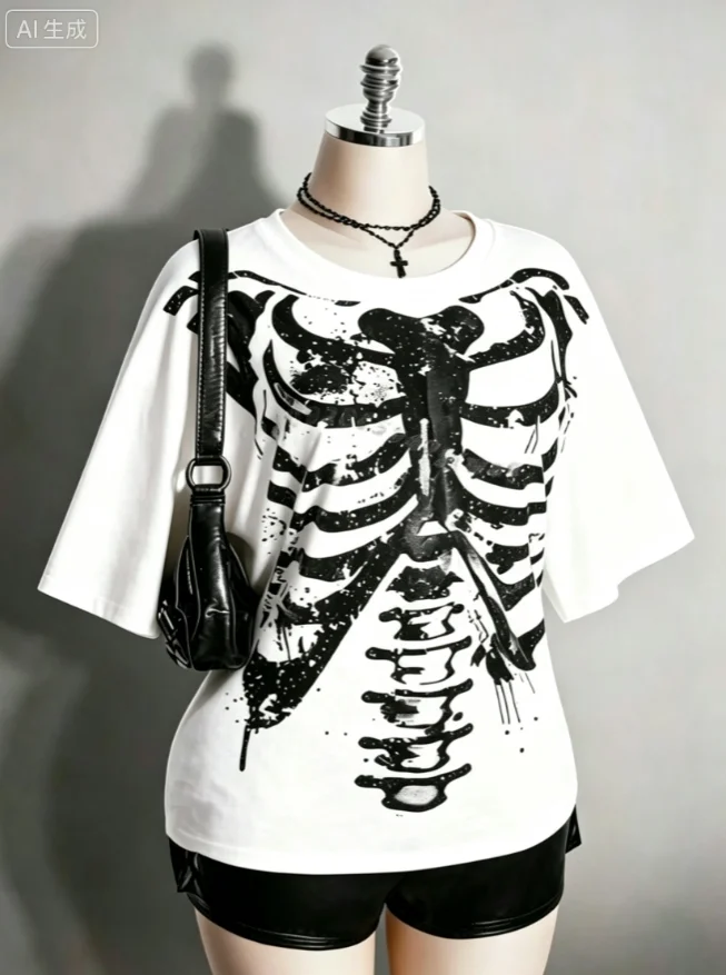 Vintage Gothic Skeleton Ribcage Graphic T‑Shirt Unisex Loose Streetwear Casual Short Sleeve Tee Top for Men Women Y2k