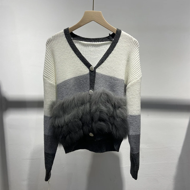 2025 mujeres piel de zorro Real decoración exterior niña otoño colorido suéter tejido abrigo de manga larga