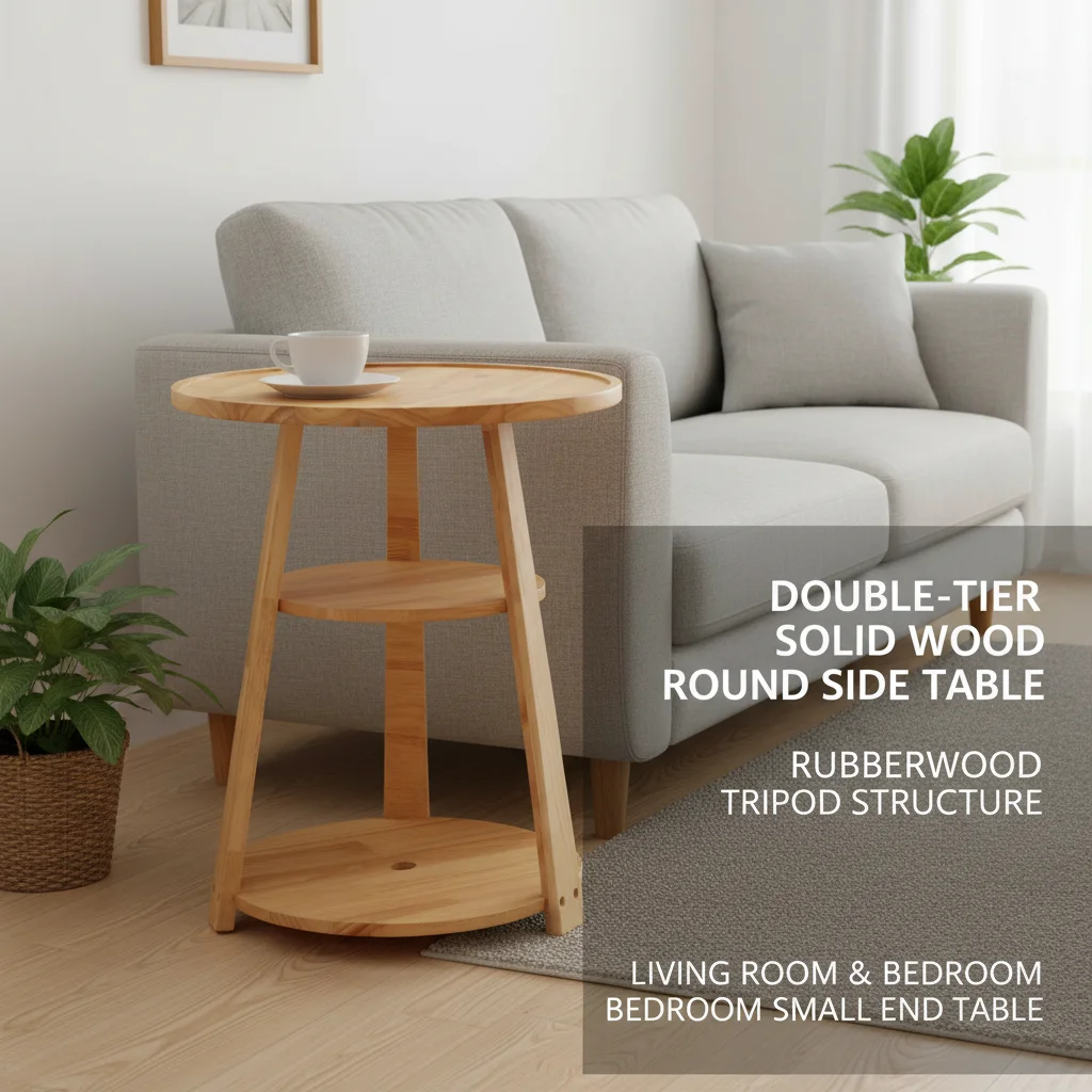

Small Round Side Table, Side Table for Small Spaces, Modern Couch End Table, 2-Tier Rubberwood Nightstand for Living Room Bedroom, 50x50x60cm, Natural Wood Color