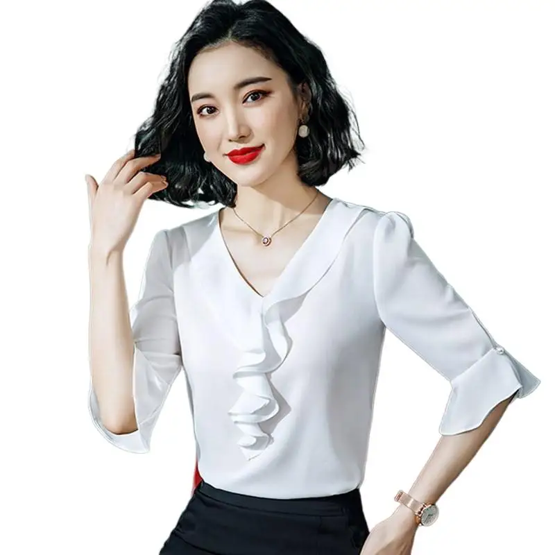 

Chiffon Blouse New Women Tops half Sleeve V Neck Work Wear Shirts Elegant Lady Casual Blouses women' blusas