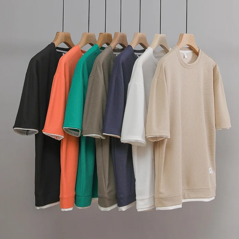 

Мужская свободная футболка с коротким рукавом, летняя, модная, брендовая, базовая, молодежная, однотонная, с круглым вырезом, из хлопка и шерсти