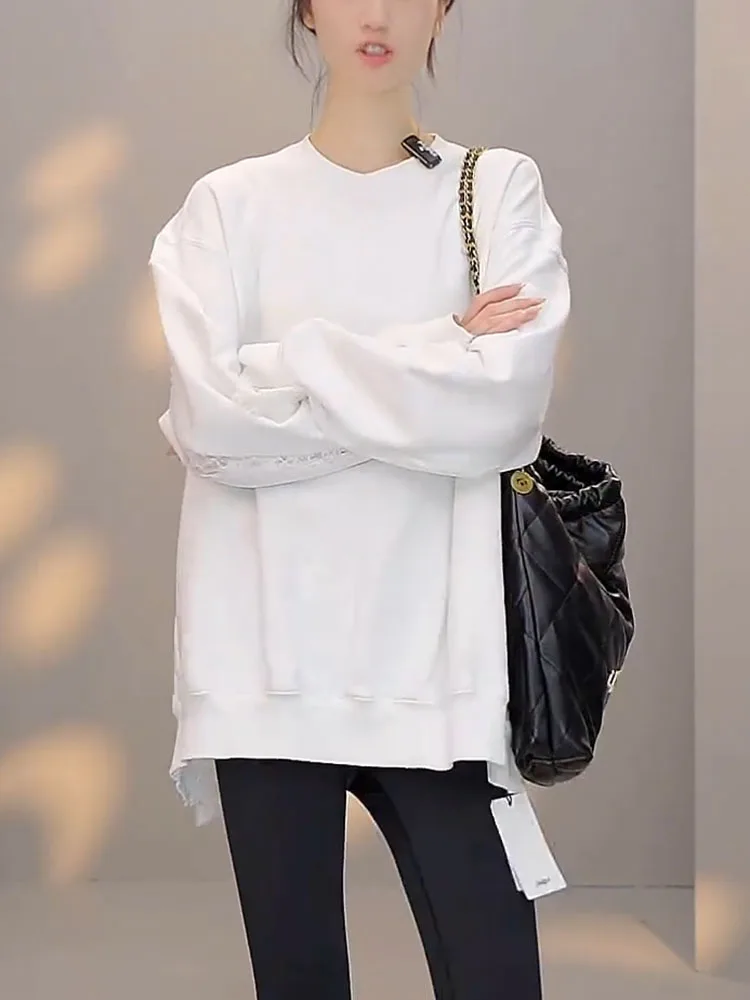 

Повседневный кружевной лоскутный дизайн, цветной женский свитшот, свободный ленивый круглый топ, весна-осень, новый модный топ