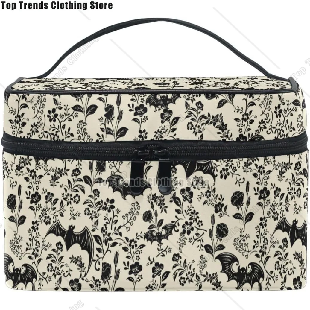 

Makeup Train Case Bat Retro Flower Korean Carrying Portable Zip Travel Cosmetic Brush Bag Organizer Large for Girls Women
