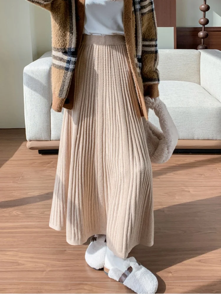 

SMTHMA Solid Knitted A- Line Mid Skirt Women's Autumn Winter Draped Large Umbrella Skirt High Waist Warm Long Skirt