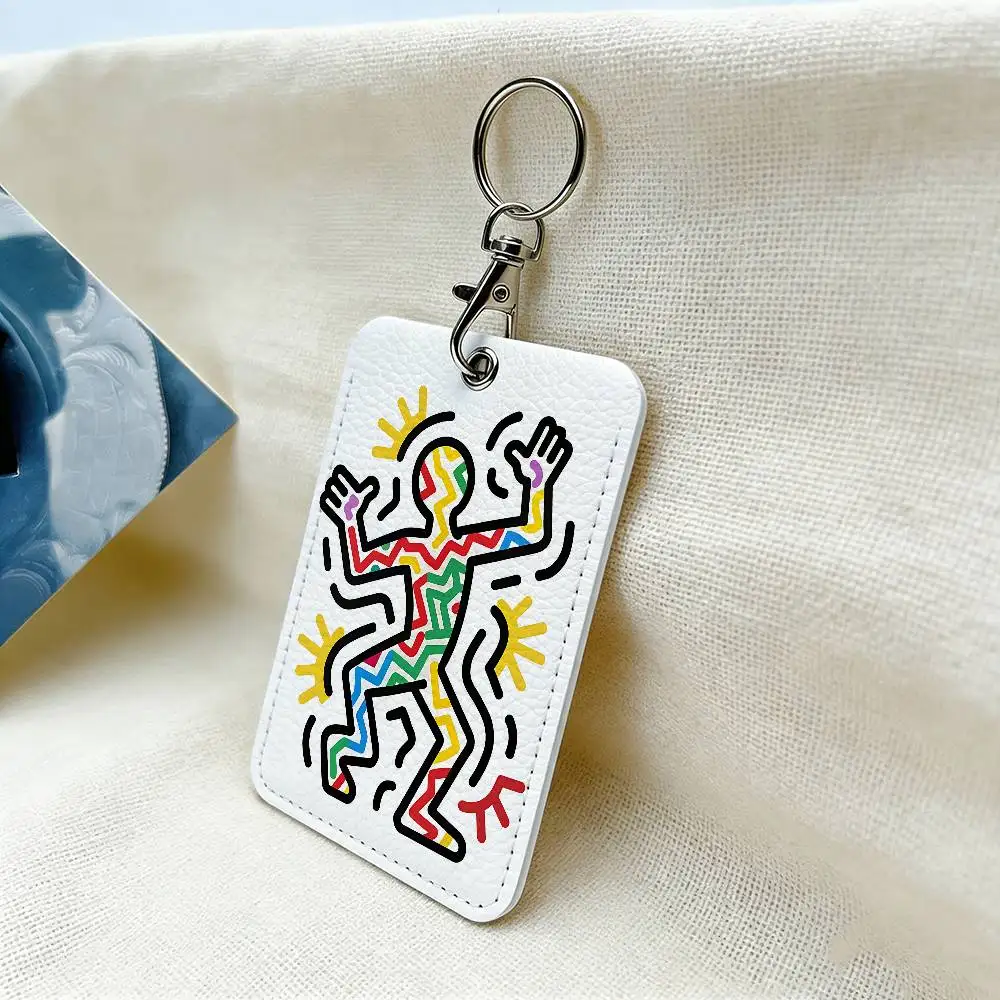 Pop Art K-Keith Haring Rectangle ID Card Case Keychain Access Card Bag Key Tag Ring Leather Card Holder Key Ring Access
