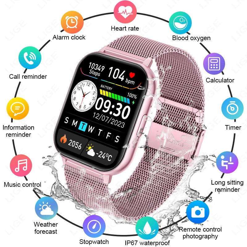 

Смарт-часы LIGE Fashion Sports с Bluetooth, измерением уровня кислорода в крови и пульса, поддержкой голосовых вызовов по Bluetooth, ЖК-дисплеем, подарок для женщин и мужчин 2026