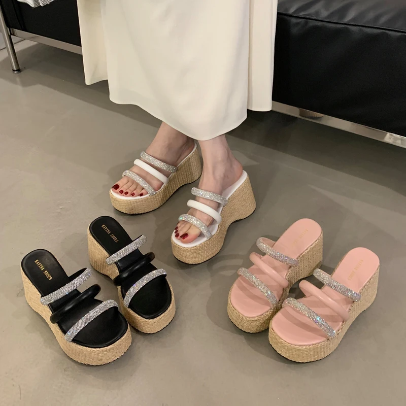 

White Chunky Sandals 9cm High Heel Slippers Black Wedge Heels Women Platforms Shoes Summer Rhinestone Belt Ladies Shoes Zapatos