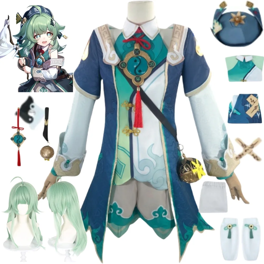 HuoHuo Cosplay Costumes Game Honkai Star Rail For anime expo Light green wig Pendant Bell Dark blue Hat