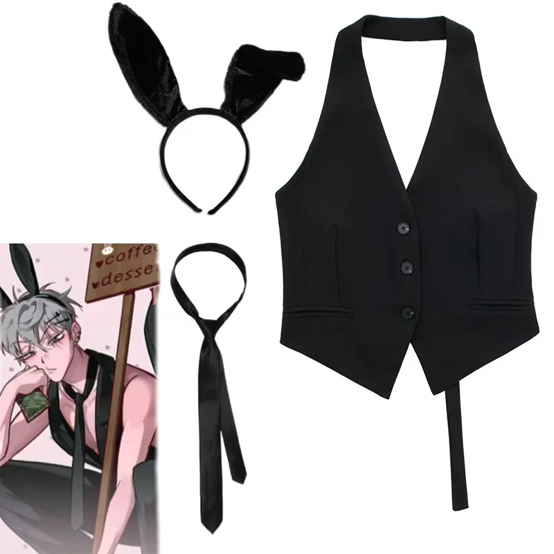 

Anime Alien Stage Vest Costumes Cafe Bunny Waiter Top Waistcoat Cosplay Uniform Bunny Ears Tie Suit Halloween Clothes Costume