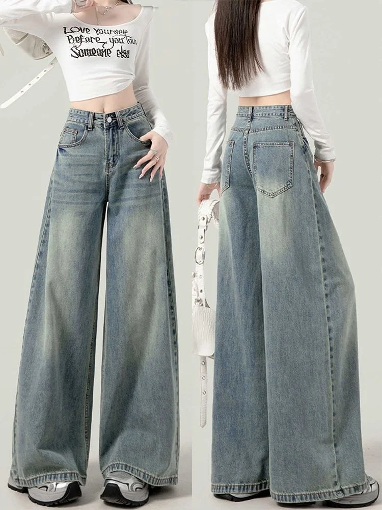 حجم كبير الجينز الأمريكي الرجعية المرأة سليم مستقيم فضفاض بنطال ذو قصة أرجل واسعة عالية الخصر لباس غير رسمي الخريف جديد Sle