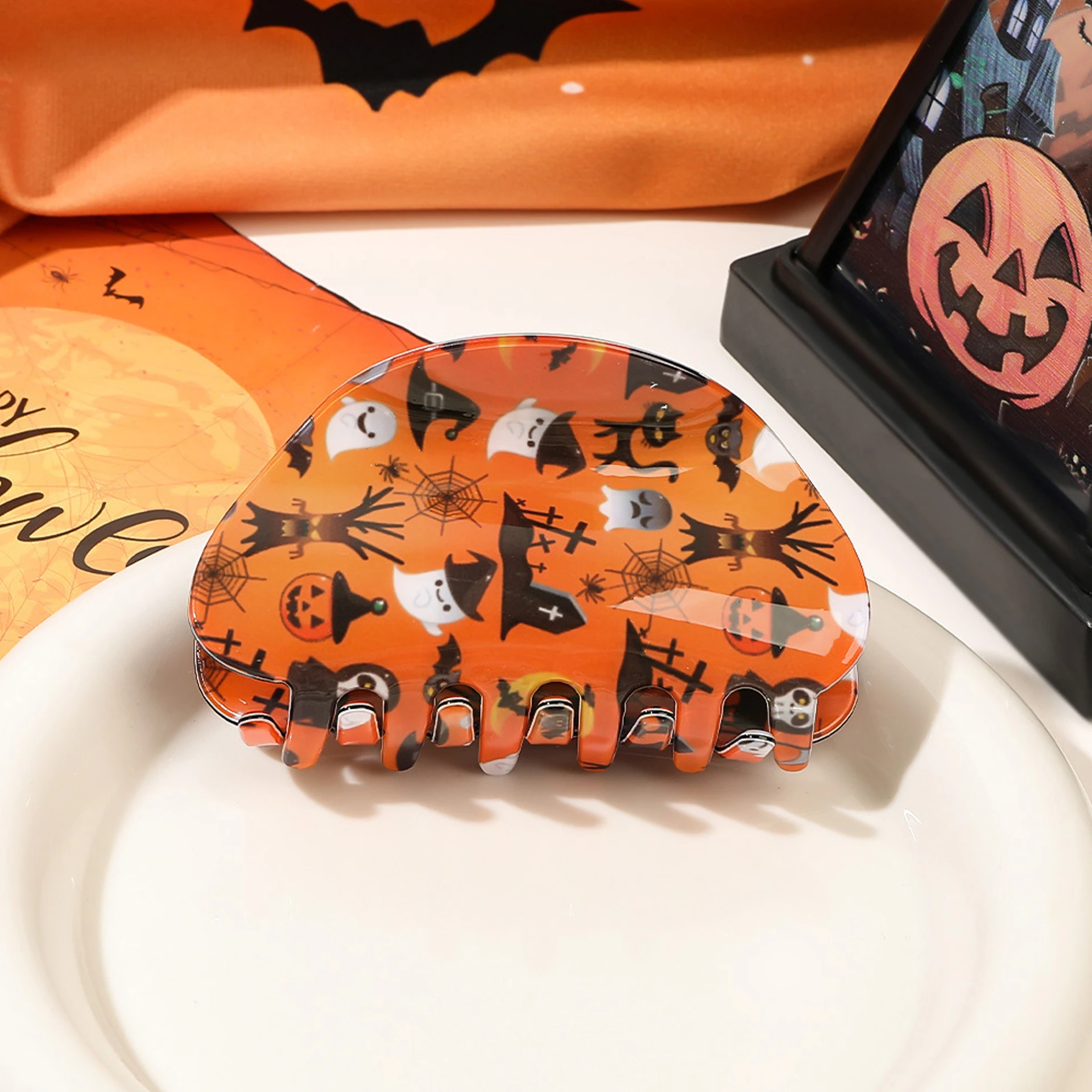1 Stück Halloween Gruselige Fledermäuse Geister Schreckliche Atmosphäre Dekorationen Haarklammern für die Rückseite des Kopfes Kürbis-Haarspange – Detail 8