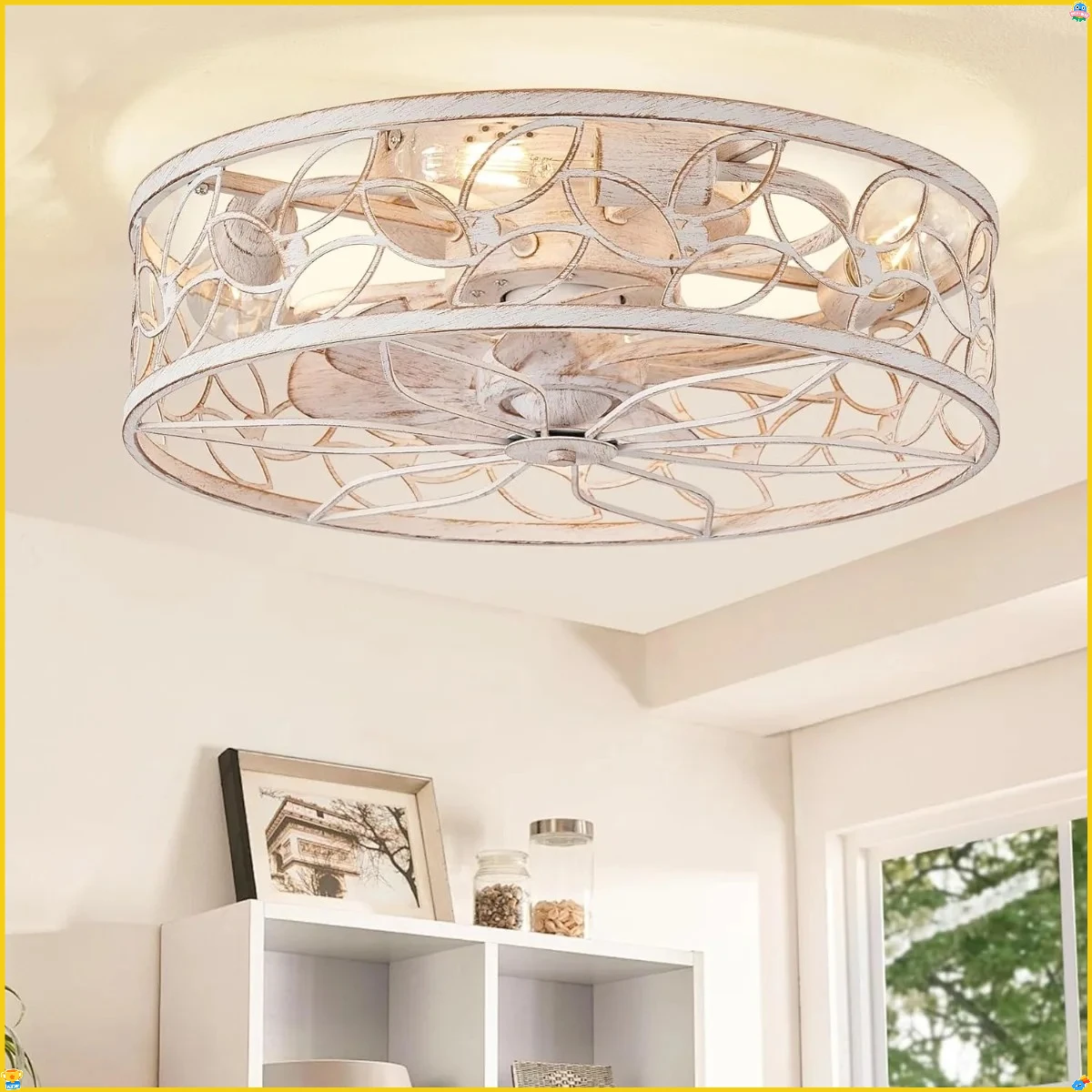 조명이 있는 케이지형 날개 없는 천장 선풍기, 플러시 마운트 저프로파일 리모컨 소형 화이트 팬 침실 주방 실내용