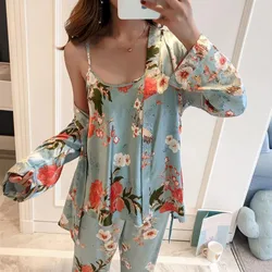 Women's Homewear Nightdress Three Piece Suit Lace Pajamas Set Floral Print Sexy Night Suits Homewear Satin Pijamas Set For Women