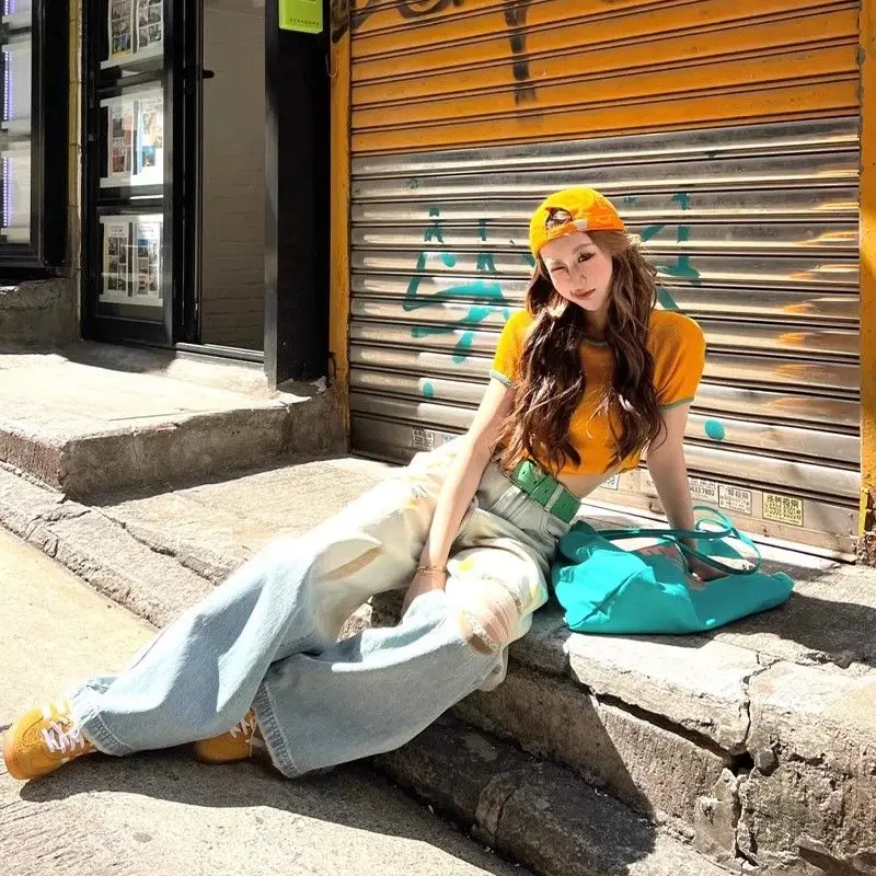 

Women Jeans Gradient Color Hollow Out High Waist Fashion Destroy Wash Cotton Women Jeans Girls