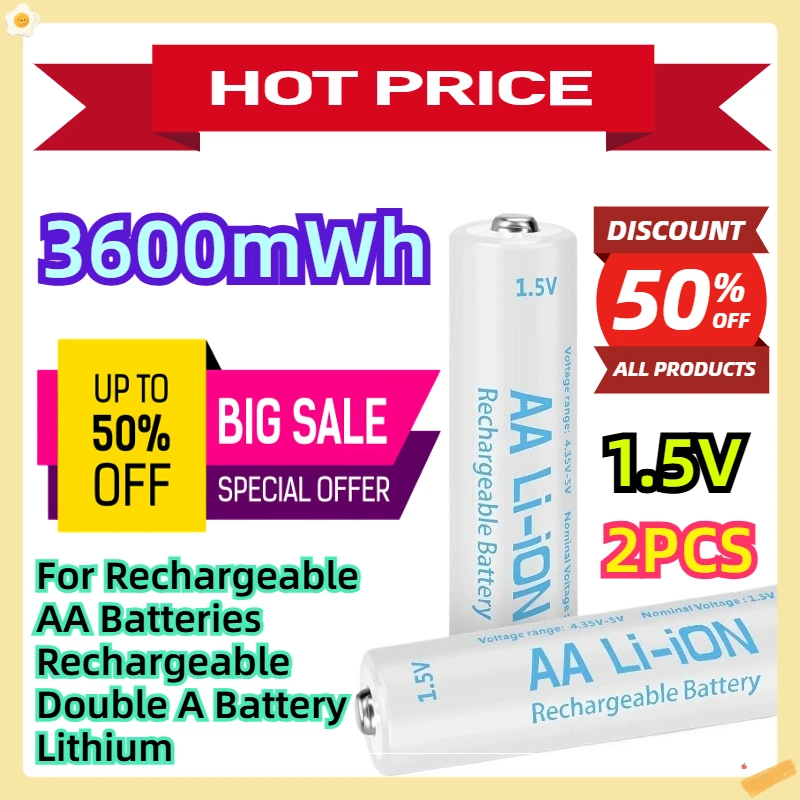 

For Rechargeable AA Batteries 1.5V 3600mWh Rechargeable Double A Battery Lithium 2pcs