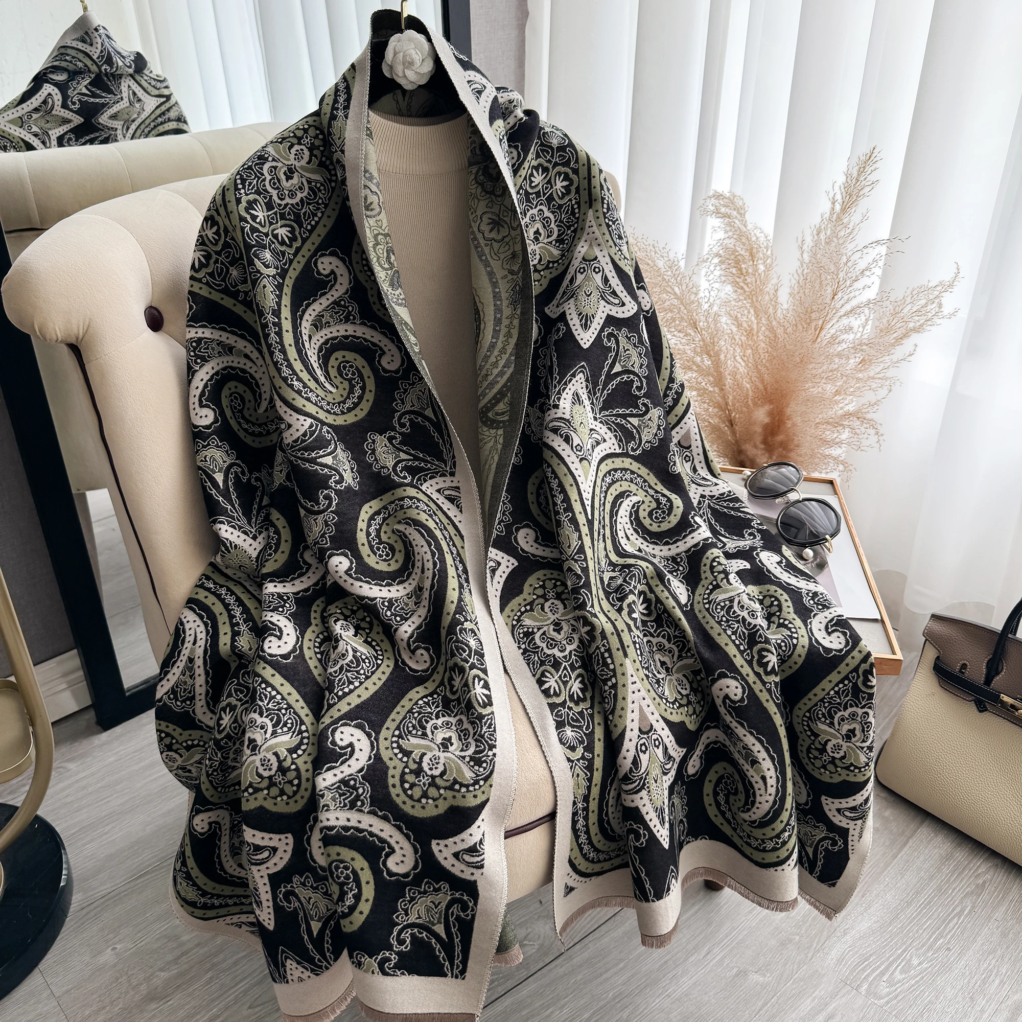 2024 Elegant Ladies' Jacquard Pashmina Winter Thick Warmth Double Sided Tassel The Shawl Coldproof Windproof Blanket Scarf