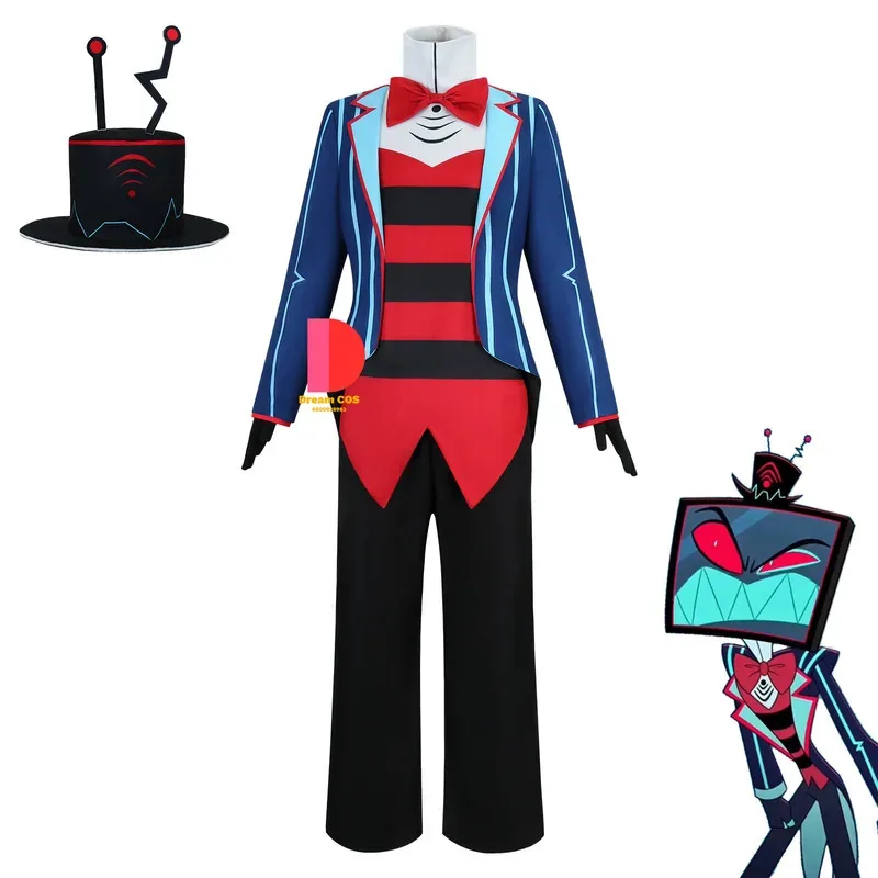 

Hazbin Hotel Vox Cosplay Costume Uniform with Coat Pants Outfit for Men Halloween Carnival Blue Red Suit Role Play New Arrival