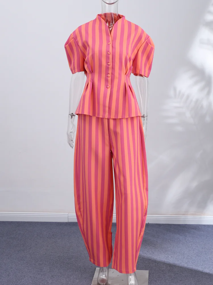 Gestreifte Kurzarm-Oberteil-Hosen-Kombination für Damen, Street-Style Einreihiges Tailliertes Oberteil mit Hochgeschnittener Hose, Modische Damen-Outfits – Detail 4