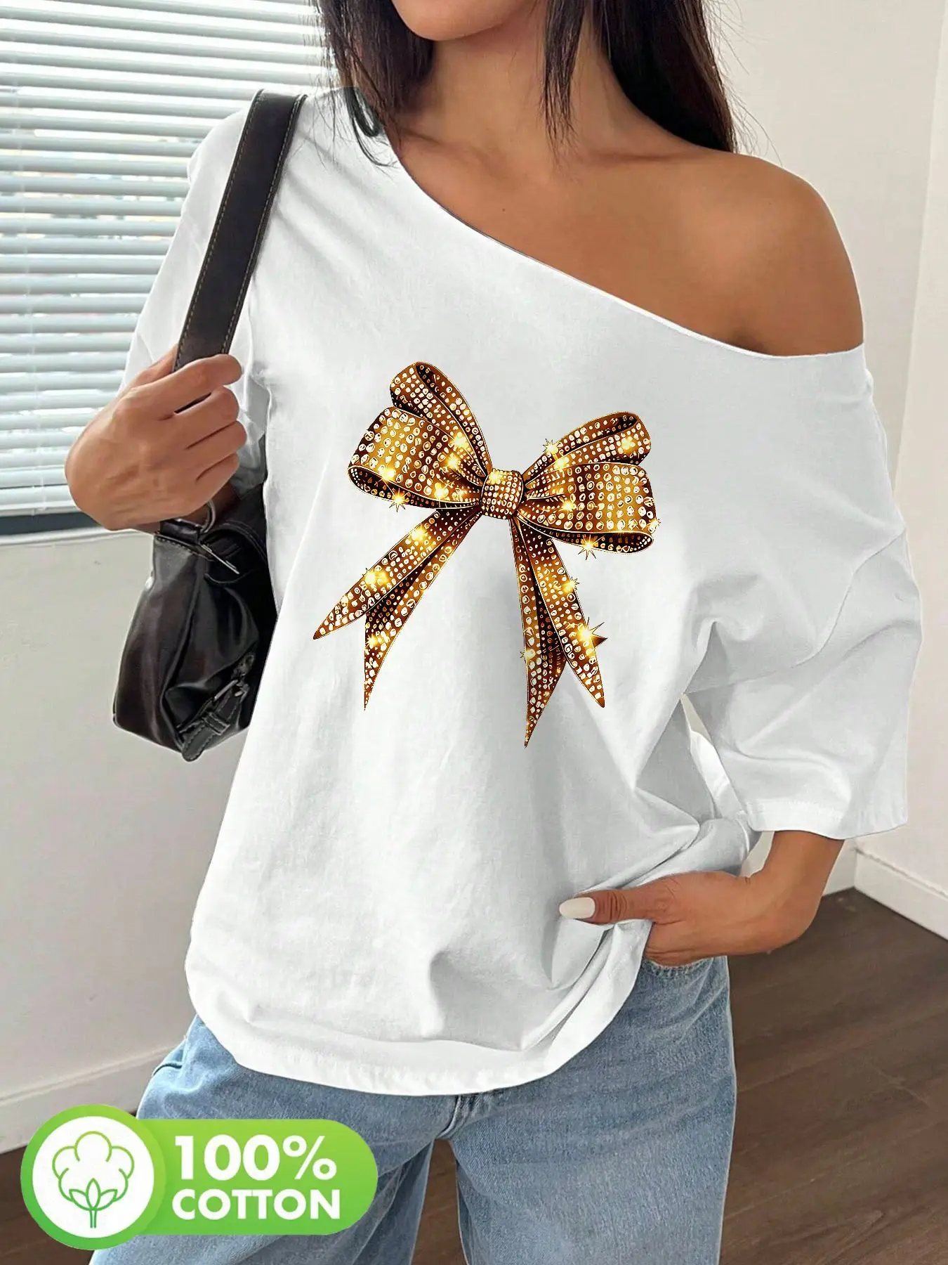 

Plus Size 100% Cotton Shoulder Loose Print T-Shirt Oversized Y2K Style Graphic Tees Women Tops Summer Off The Shoulder Top