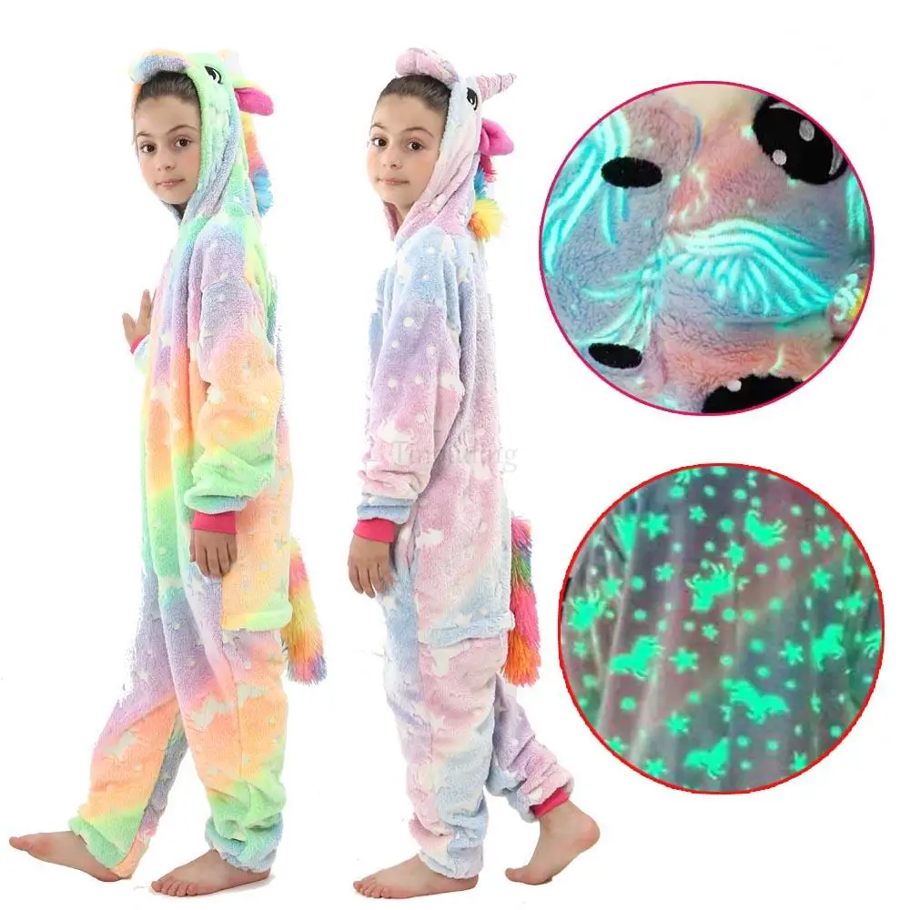 Glow in Dark Kigurumi Pajamas Girls Unicorn Onesies Pajamas Kids Pyjamas for 4 to 12 Years Hooded Jumpsuits Kigurumi Unicorn