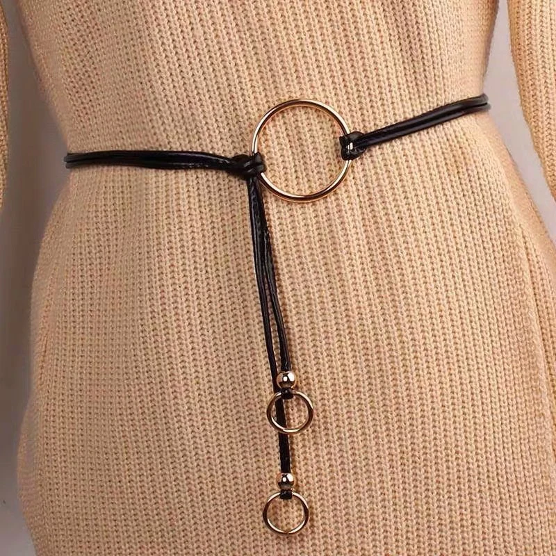 Retro PU Round Ring Belt Waist Chain Versatile Women Leather Waist Rope Metal Ring Waistband Jeans Dresses Clothing Accessories