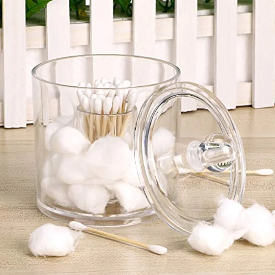 Wadah Penyimpanan Kapas dan Tongkat Kapas dengan Tutup, Stoples Akrilik Apoteker, Organizer Makeup Qtip, Stoples Penyimpanan Kamar Mandi untuk Kapas R