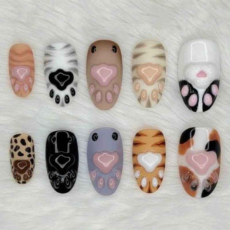 24Pcs Fake Nails Cute Cat Paw Prints Cartoon-Style Sweet Almond Shape Press-On Nails—Perfect As A Gift for Girls and Friends